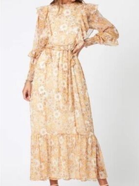 MINKPINK Ruffle Midi Dress in Yellow and White